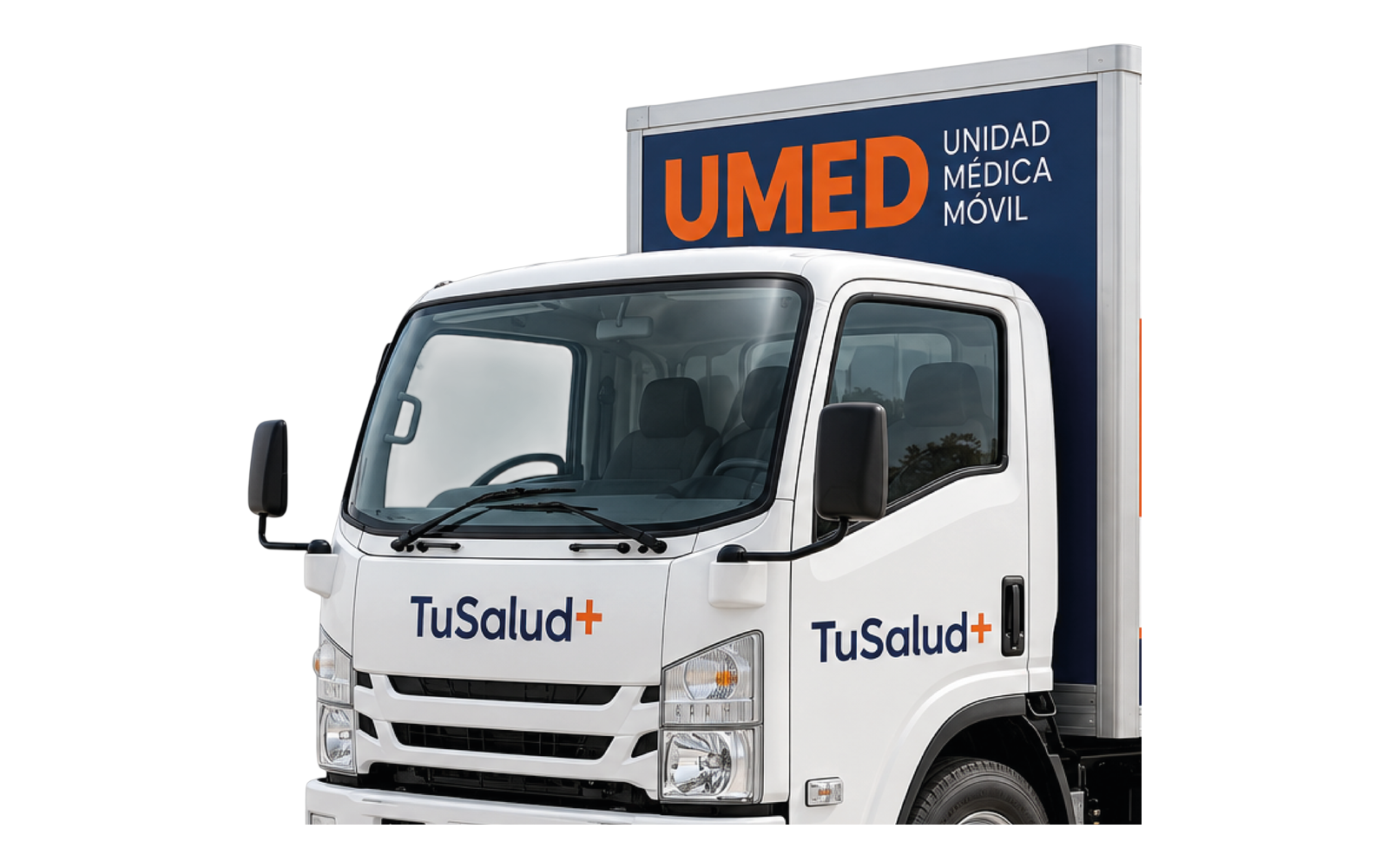 Frente de la Unidad Médica Móvil de TuSalud+ con el rótulo UMED